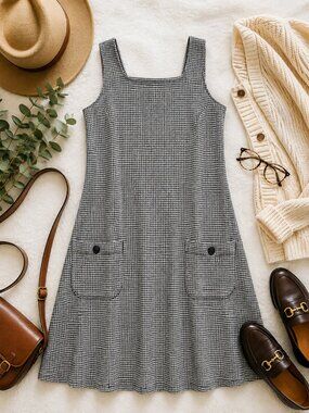 Vintage California Gold Rush Houndstooth Jumper Dress Size 16 USA Made Pockets